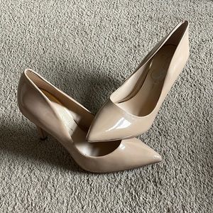 nude faux patent leather heels